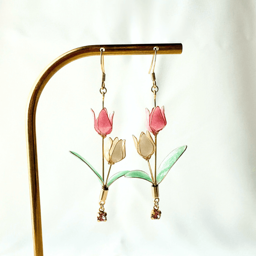 【チューリップ】ピアス ピンクと白 揺れる サージカルステンレス 金属アレルギー対応 受注生産 春の新作 | 6枚目